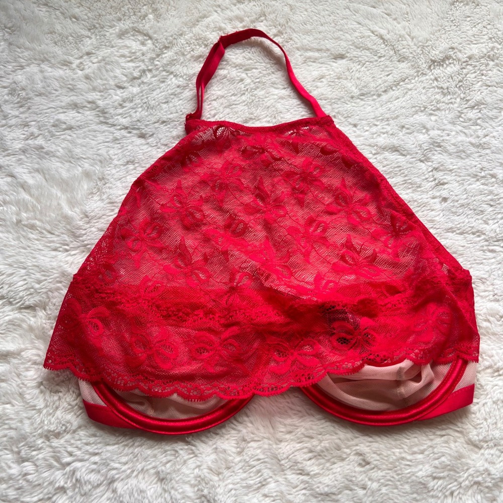 Victoria's Secret Very Sexy Red Floral Lace Balconette Halter Bra Size 32DD NEW